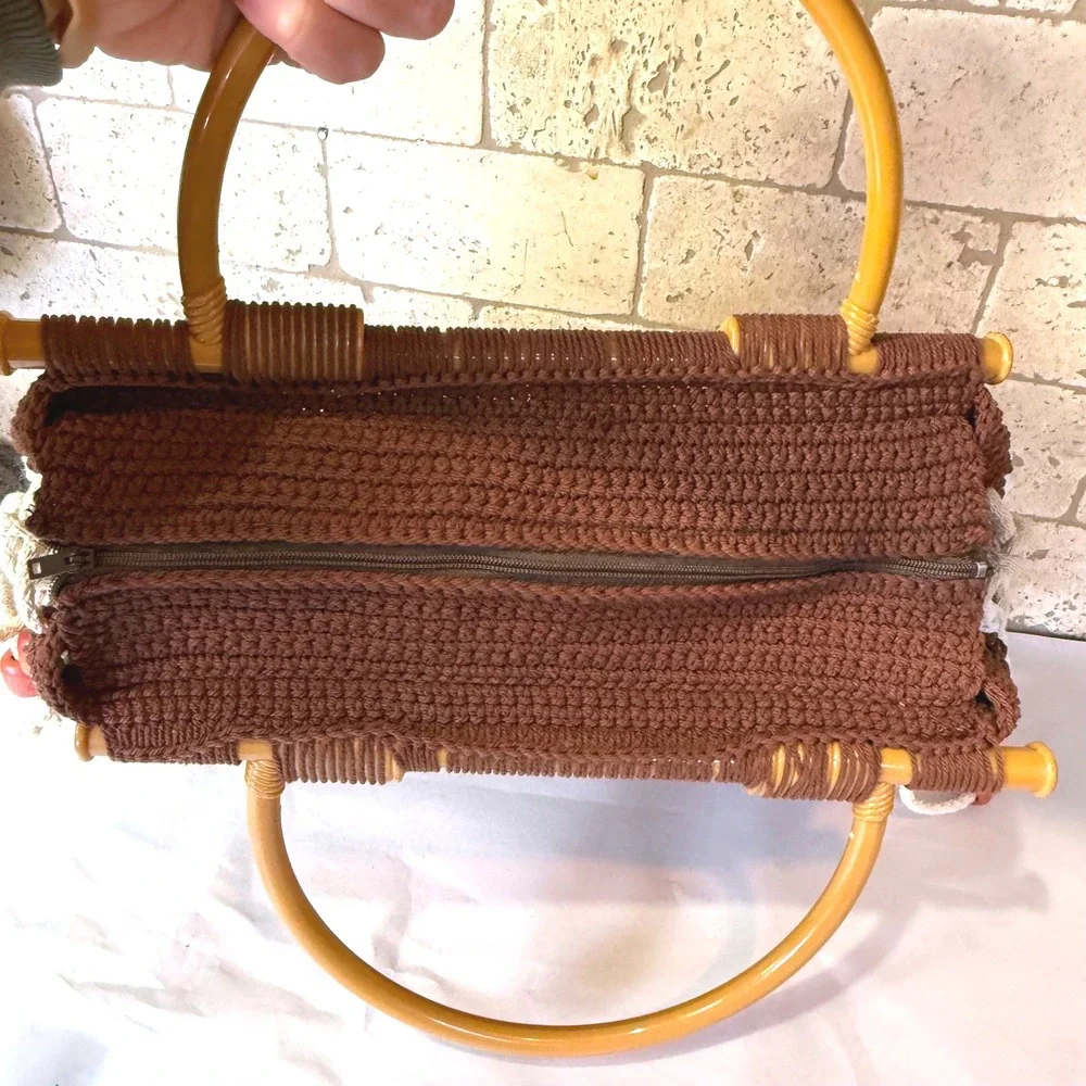 Vintage Handmade Crochet Handbag‎ Boho Hippie Purse Plastic Handles Retro